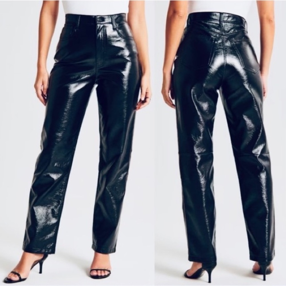 Abercrombie & Fitch The 90s Straight Ultra High Rise Shiny Vegan Leather Pants - Picture 16 of 16